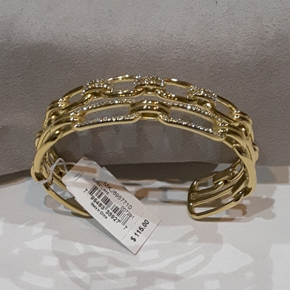 Michael Kors Cuff Bracelet Fixed Double Chain Links Gold Tone Pave Crystals NWT - Picture 2 of 8